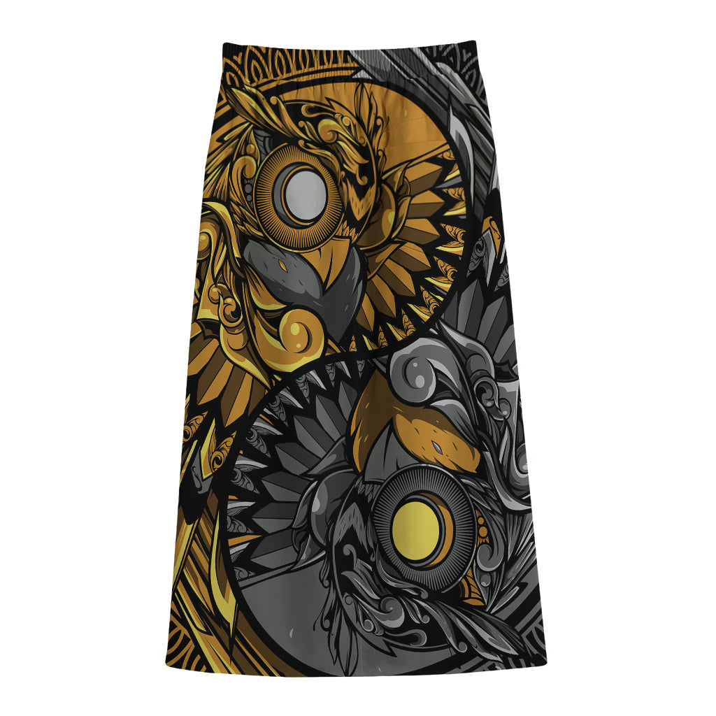 Yin Yang Owl Print Cotton Front Slit Maxi Skirt