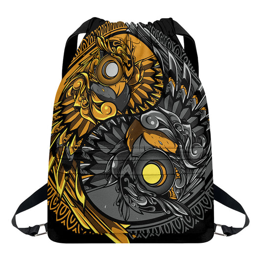 Yin Yang Owl Print Drawstring Backpack