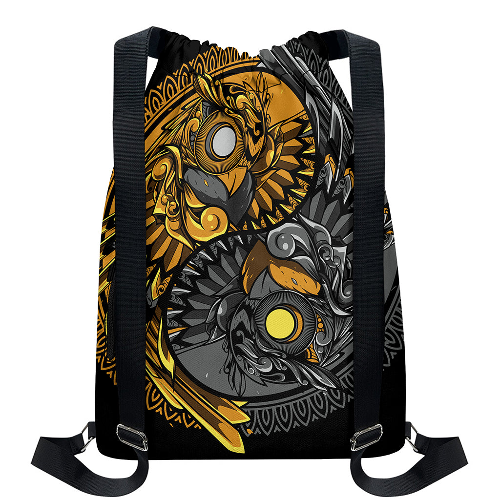 Yin Yang Owl Print Drawstring Backpack