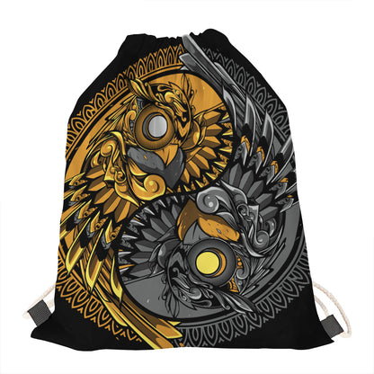 Yin Yang Owl Print Drawstring Bag