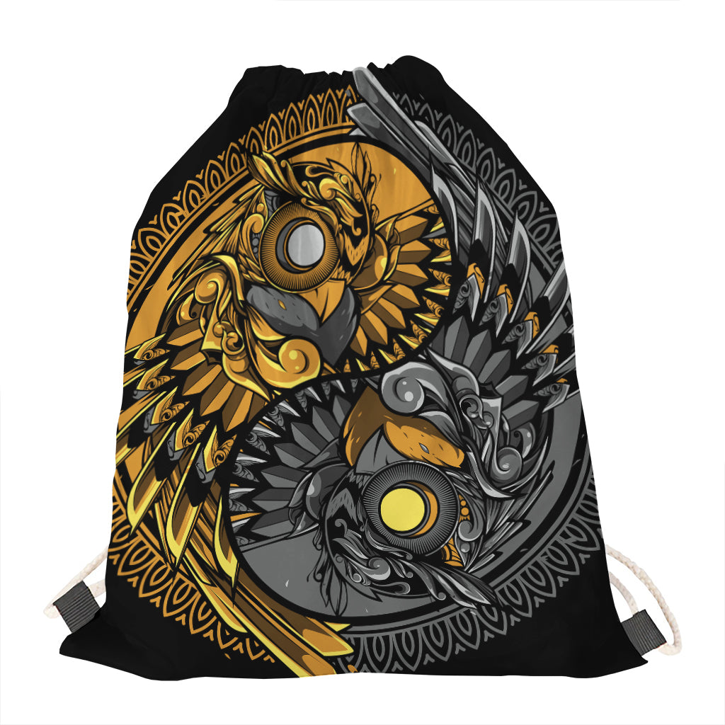 Yin Yang Owl Print Drawstring Bag