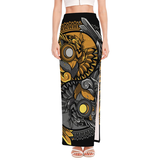 Yin Yang Owl Print High Slit Maxi Skirt