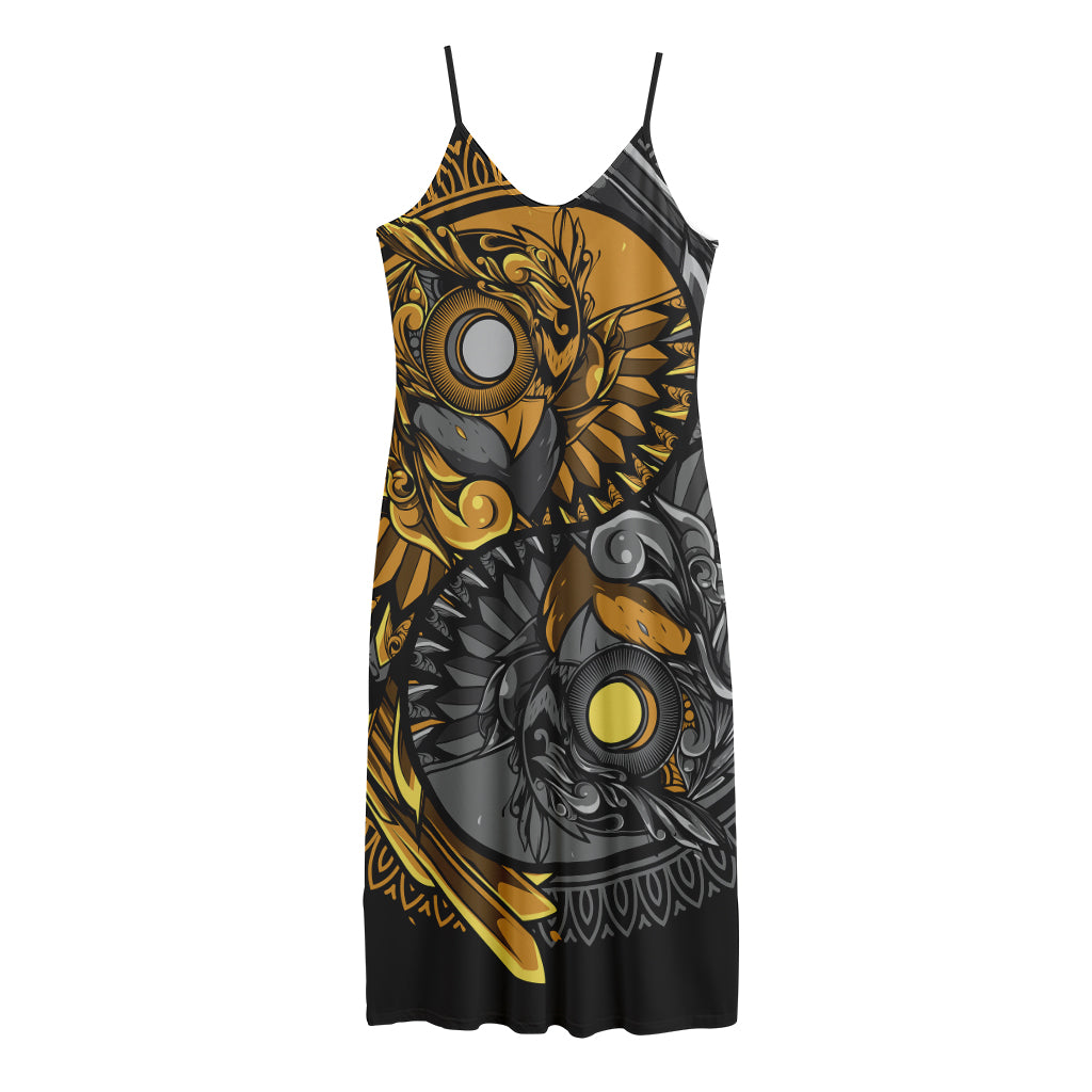 Yin Yang Owl Print Jersey Midi Cami Dress