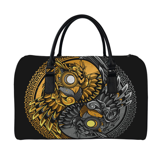 Yin Yang Owl Print Leather Duffle Bag
