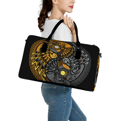 Yin Yang Owl Print Leather Duffle Bag