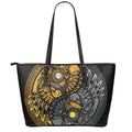 Yin Yang Owl Print Leather Tote Bag With Zipper