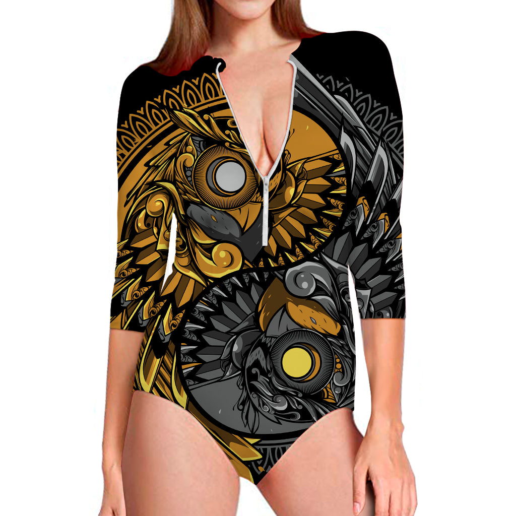 Yin Yang Owl Print Long Sleeve Swimsuit