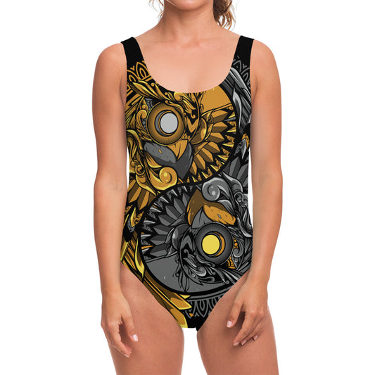 Yin Yang Owl Print One Piece Swimsuit