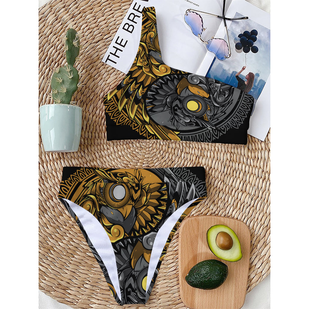 Yin Yang Owl Print One Shoulder Bikini Top