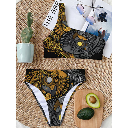 Yin Yang Owl Print One Shoulder Bikini Top