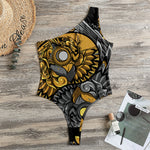 Yin Yang Owl Print One Shoulder Bodysuit