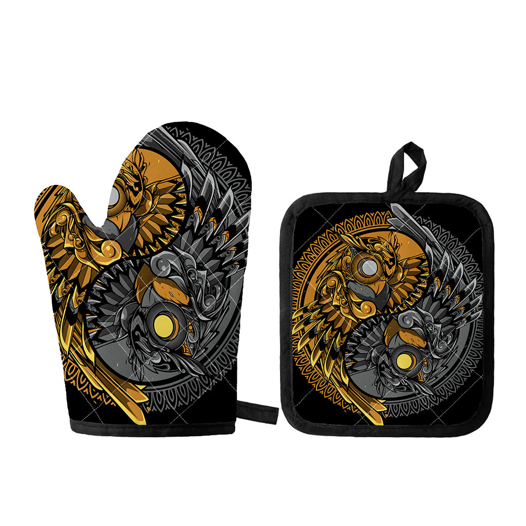 Yin Yang Owl Print Oven Mitt And Pot Holder Set