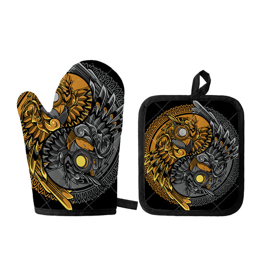 Yin Yang Owl Print Oven Mitt And Pot Holder Set
