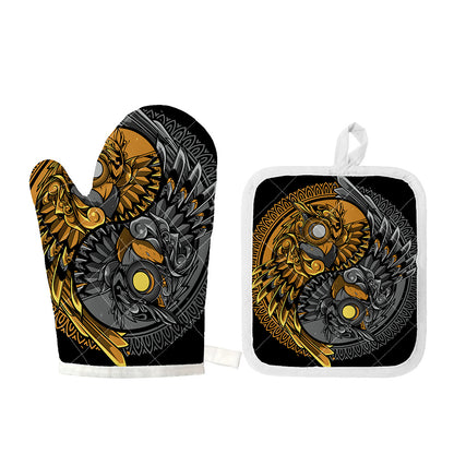 Yin Yang Owl Print Oven Mitt And Pot Holder Set