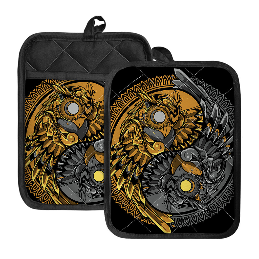 Yin Yang Owl Print Pot Holders With Pocket