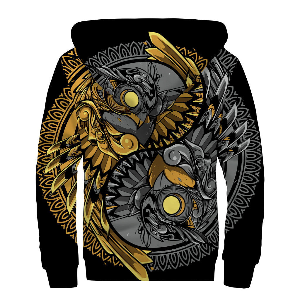 Yin Yang Owl Print Sherpa Lined Zip Up Hoodie