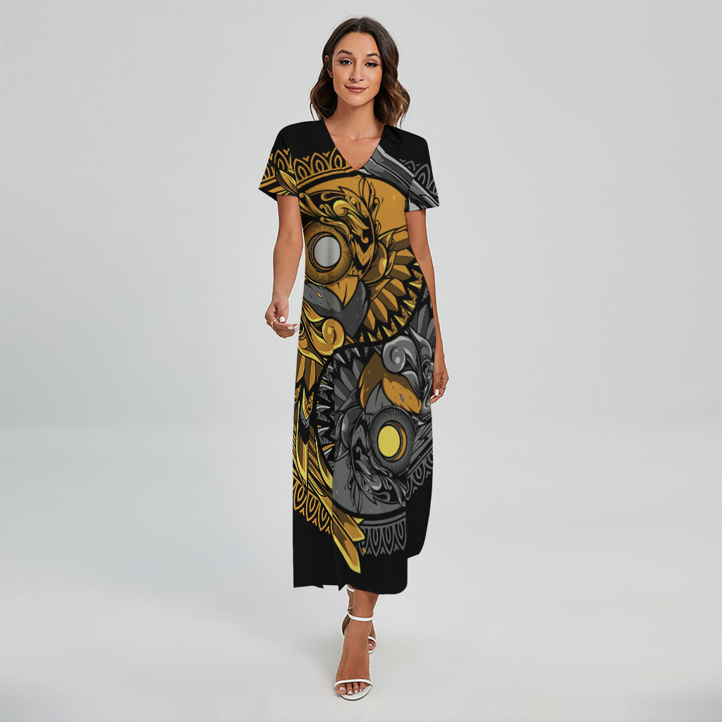 Yin Yang Owl Print Short Sleeve Maxi Dress