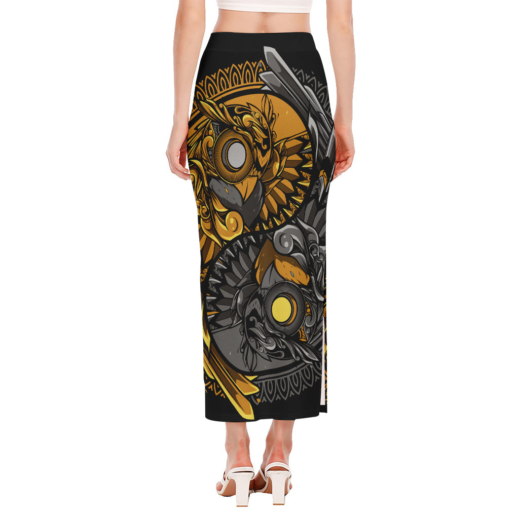 Yin Yang Owl Print Side Slit Maxi Skirt