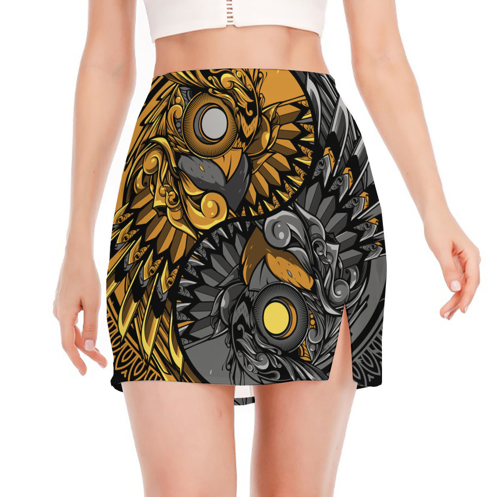 Yin Yang Owl Print Side Slit Mini Skirt