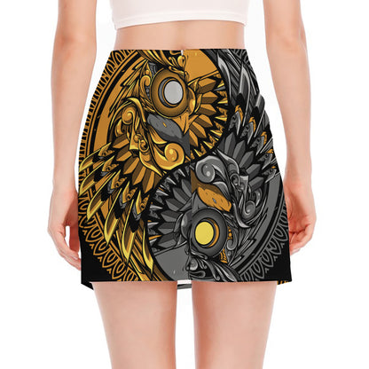 Yin Yang Owl Print Side Slit Mini Skirt