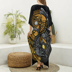 Yin Yang Owl Print Silk V-Neck Kaftan Dress