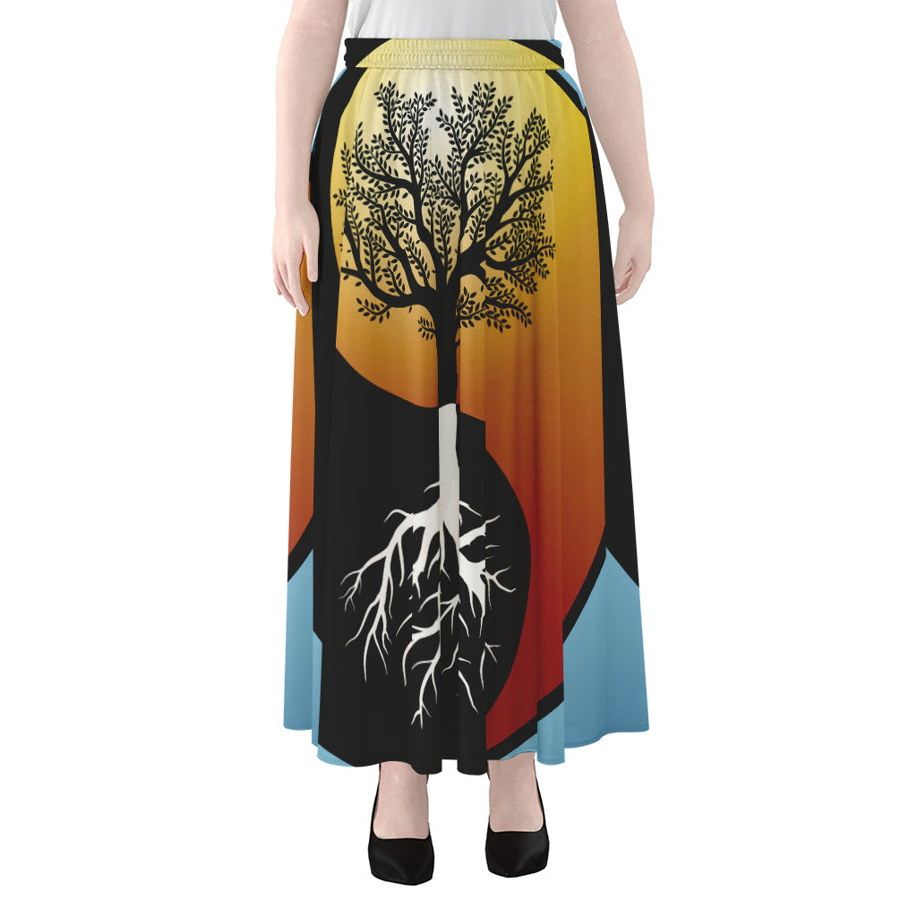 Yin Yang Tree Of Life Print Chiffon Maxi Skirt