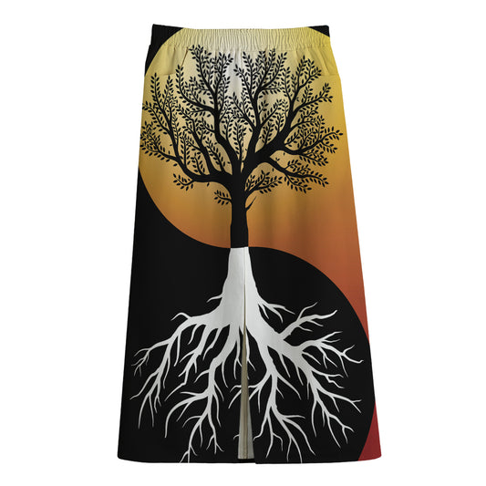 Yin Yang Tree Of Life Print Cotton Front Slit Maxi Skirt