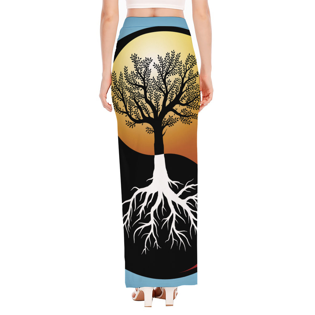 Yin Yang Tree Of Life Print High Slit Maxi Skirt