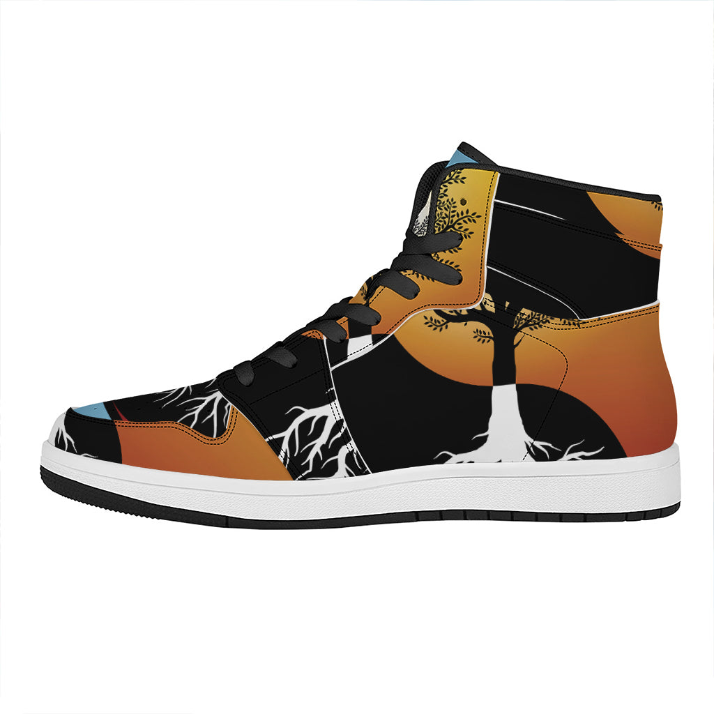 Yin Yang Tree Of Life Print High Top Leather Sneakers