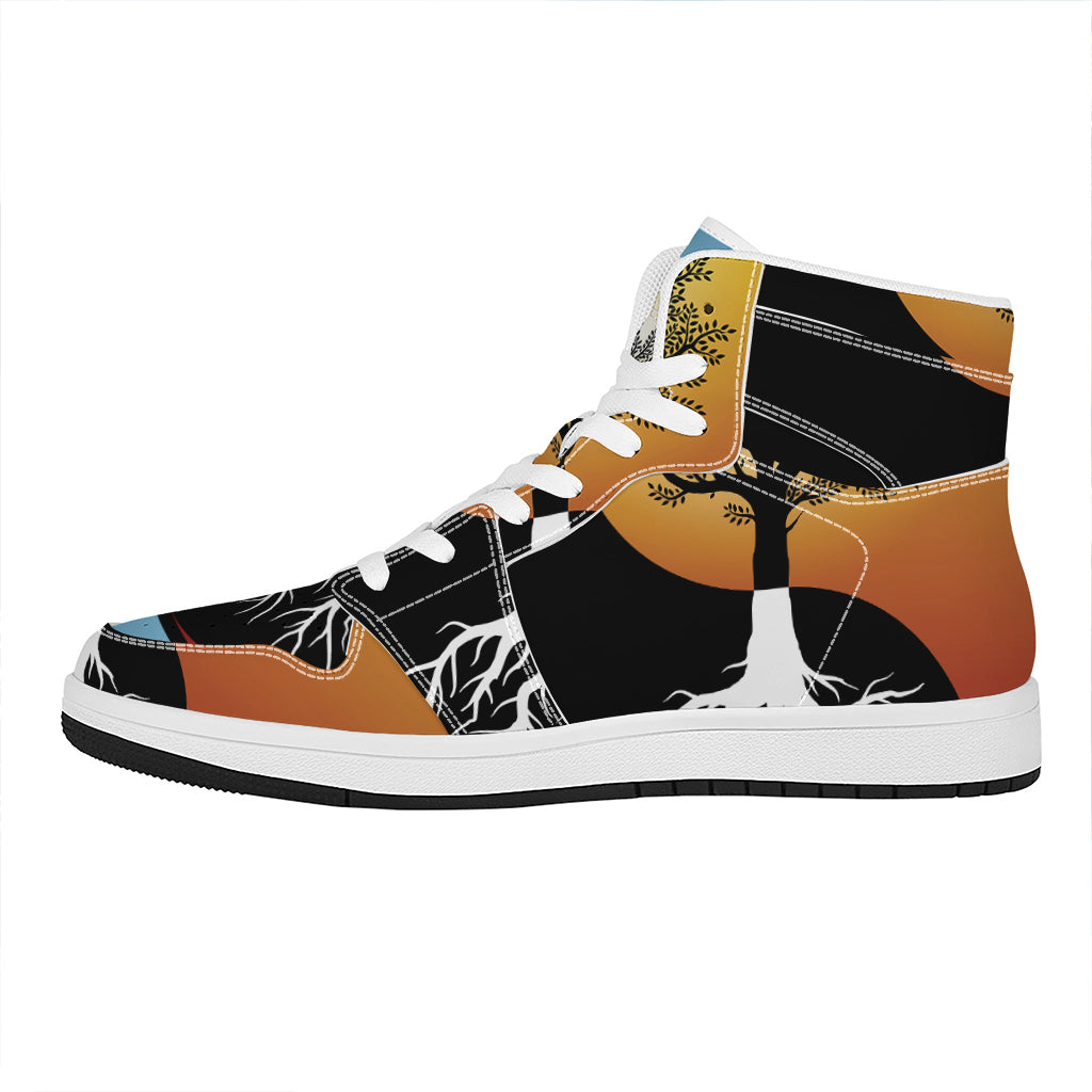Yin Yang Tree Of Life Print High Top Leather Sneakers