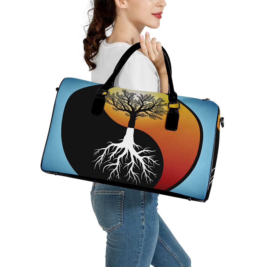 Yin Yang Tree Of Life Print Leather Duffle Bag