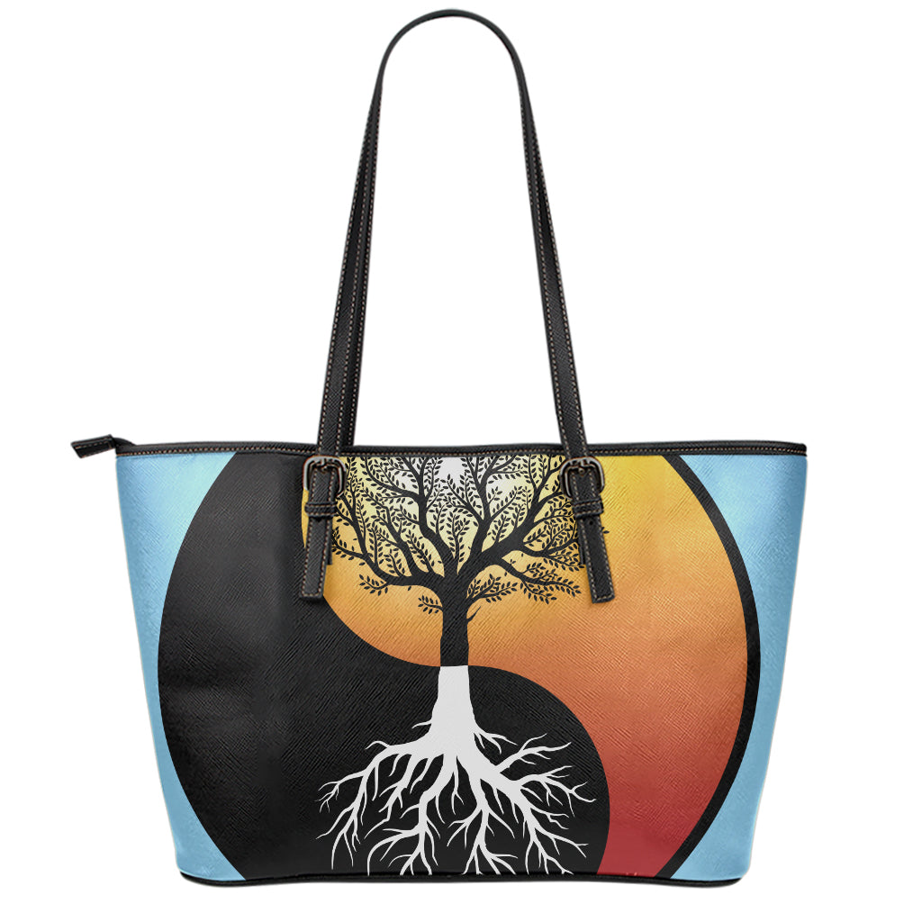 Yin Yang Tree Of Life Print Leather Tote Bag