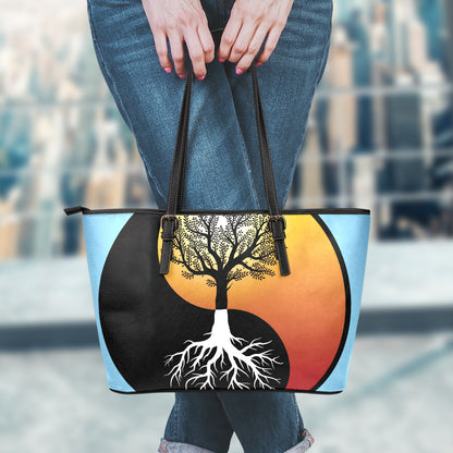 Yin Yang Tree Of Life Print Leather Tote Bag