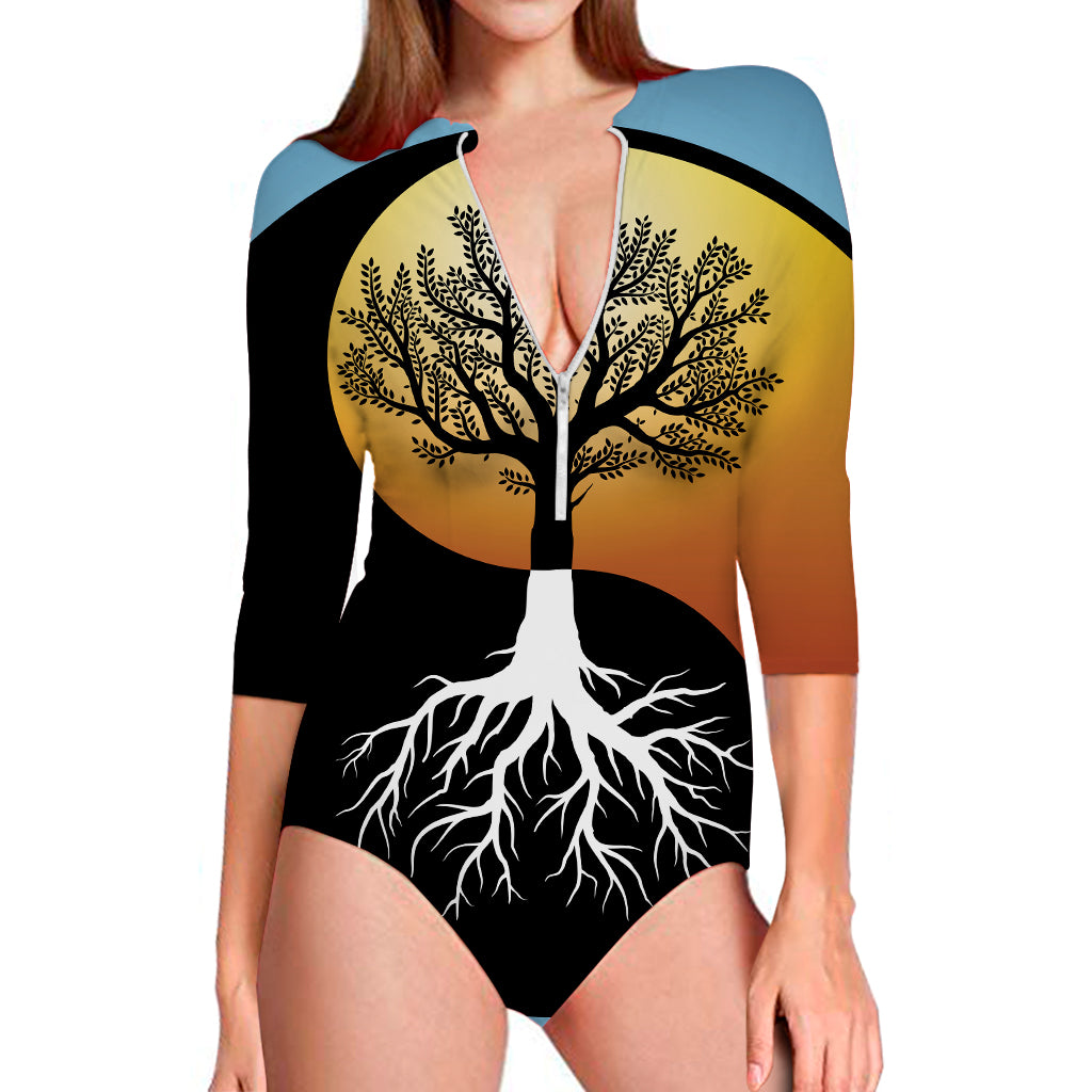 Yin Yang Tree Of Life Print Long Sleeve Swimsuit