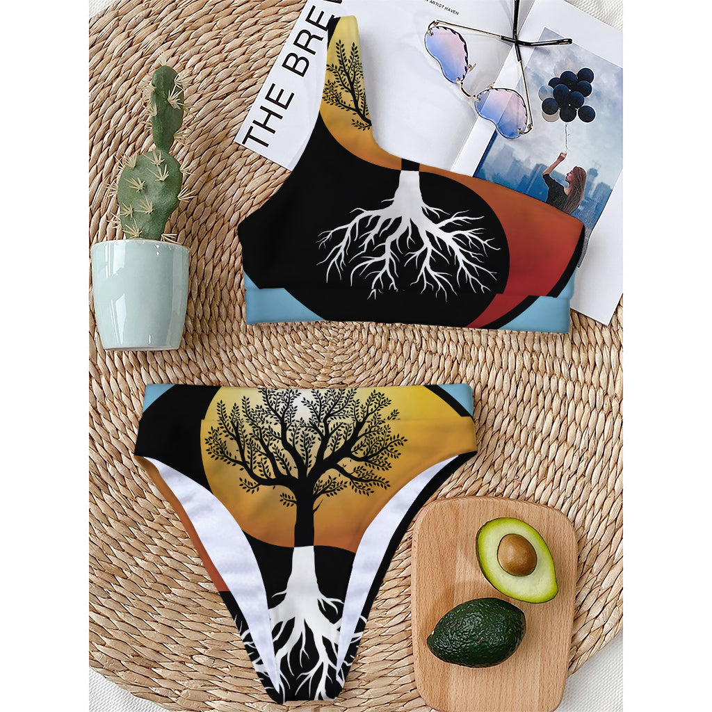 Yin Yang Tree Of Life Print One Shoulder Bikini Top