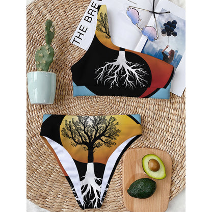 Yin Yang Tree Of Life Print One Shoulder Bikini Top