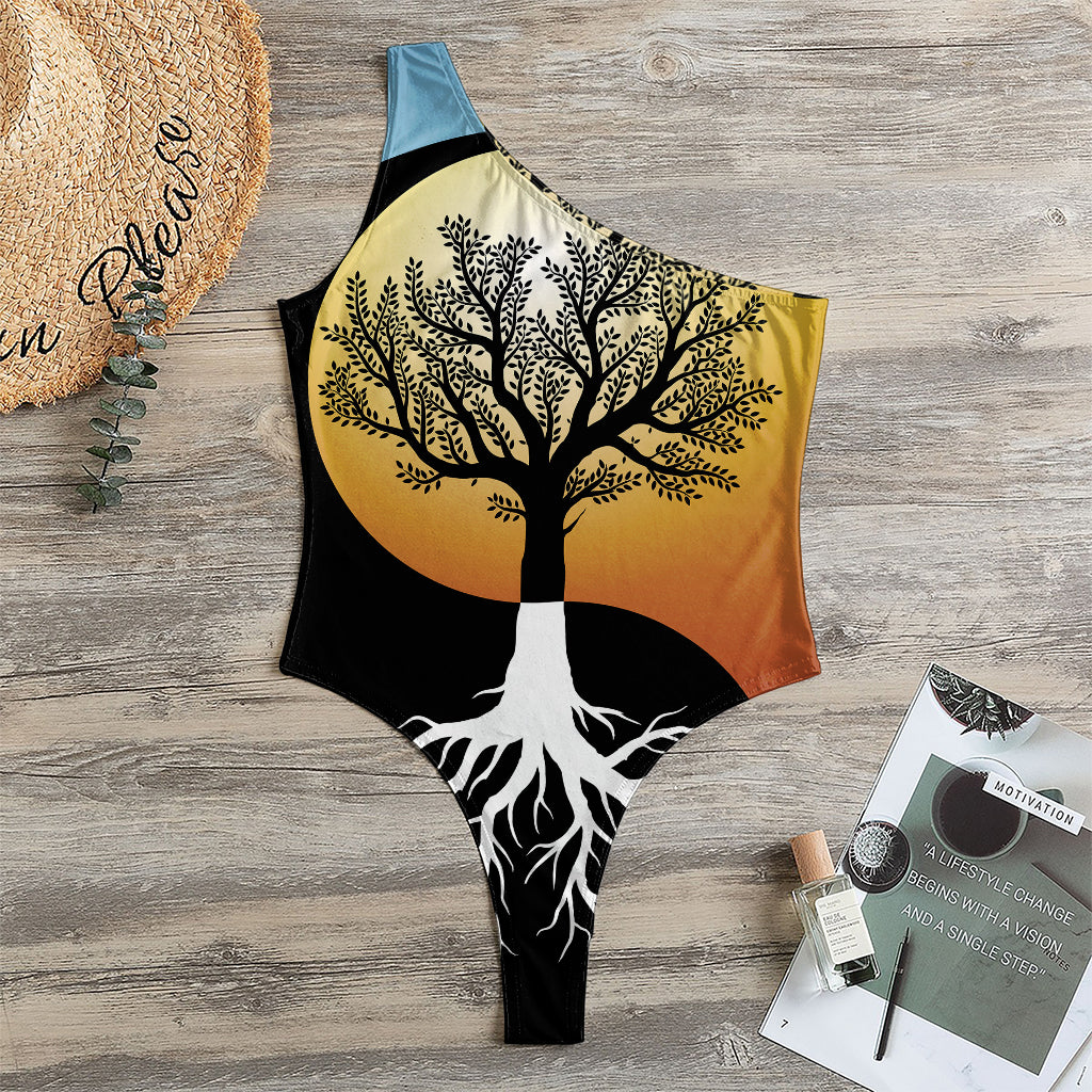Yin Yang Tree Of Life Print One Shoulder Bodysuit