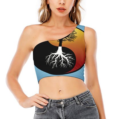 Yin Yang Tree Of Life Print One Shoulder Crop Top