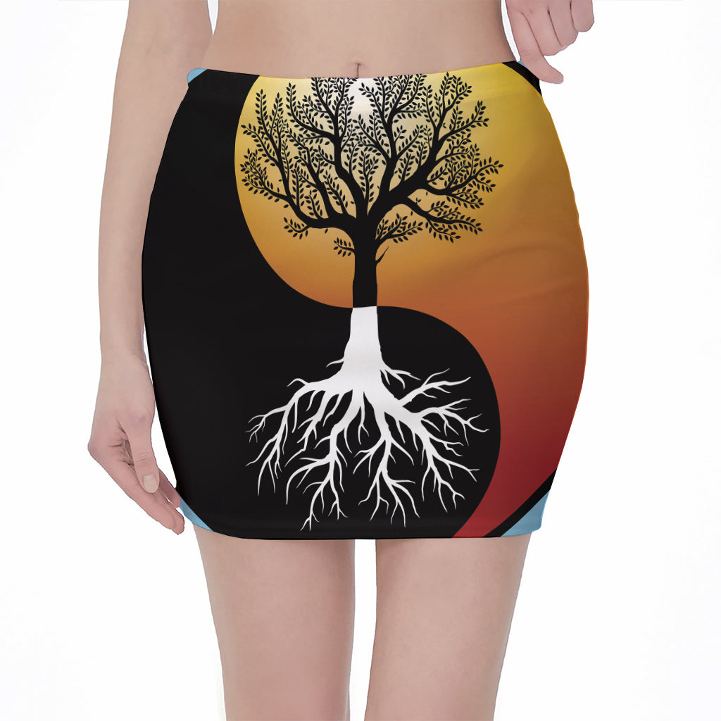 Yin Yang Tree Of Life Print Pencil Mini Skirt