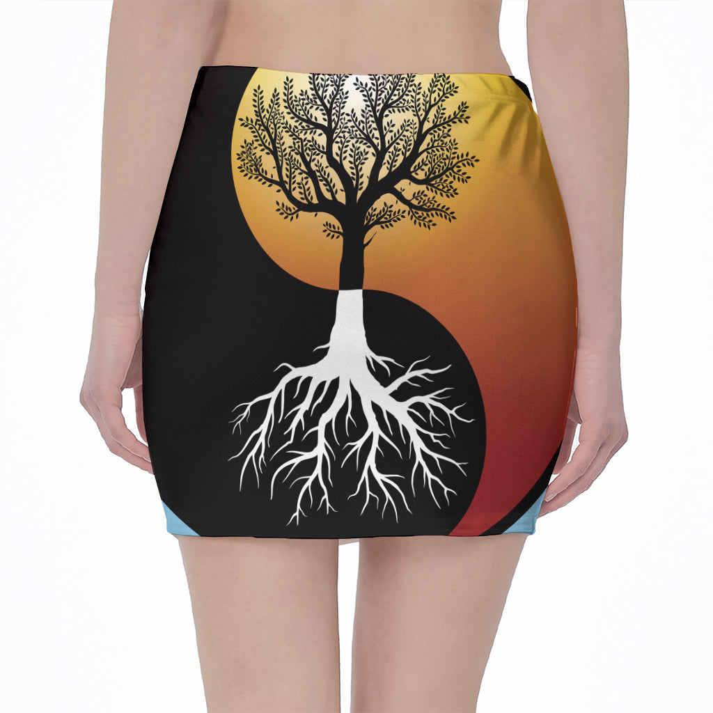 Yin Yang Tree Of Life Print Pencil Mini Skirt