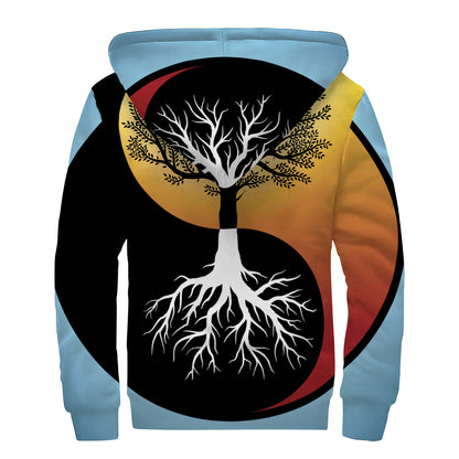 Yin Yang Tree Of Life Print Sherpa Lined Zip Up Hoodie