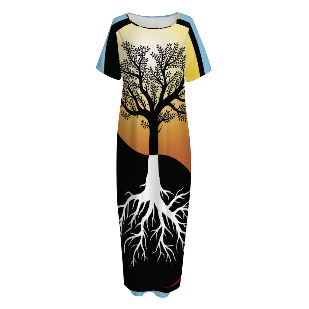 Yin Yang Tree Of Life Print Short Sleeve Long Nightdress