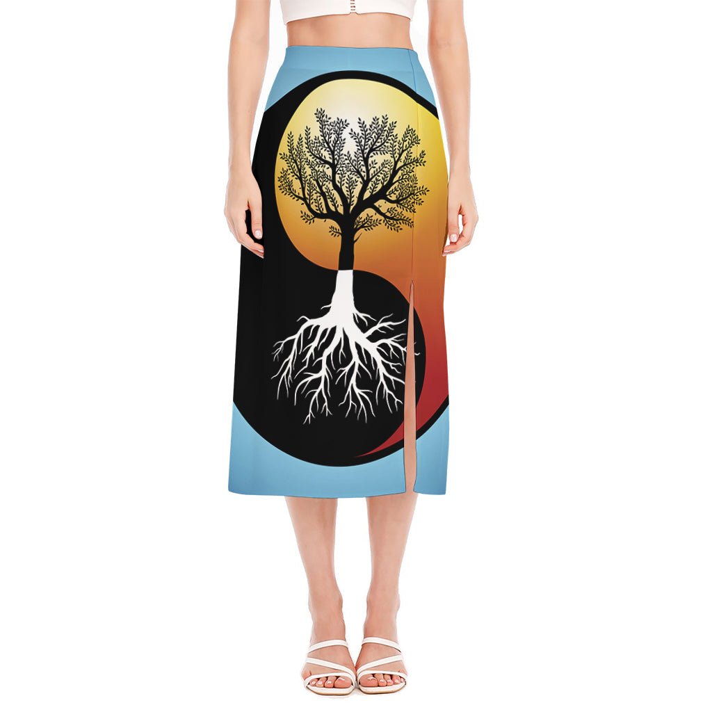 Yin Yang Tree Of Life Print Side Slit Midi Skirt