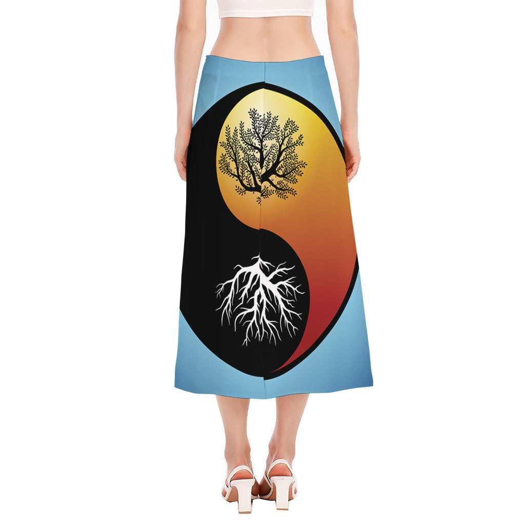 Yin Yang Tree Of Life Print Side Slit Midi Skirt