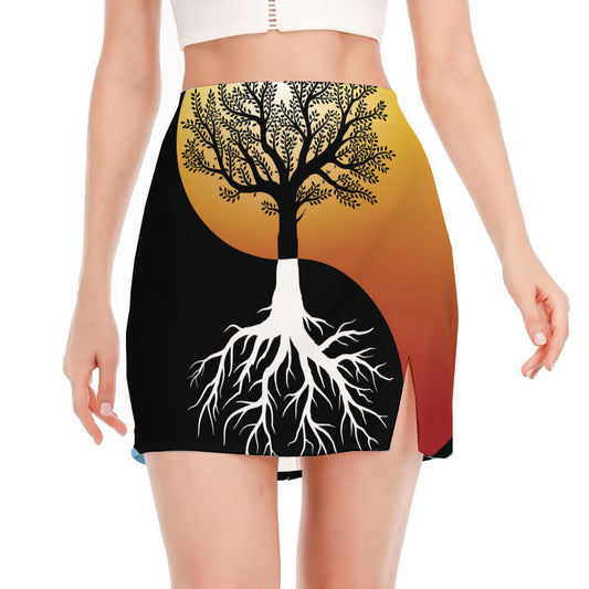 Yin Yang Tree Of Life Print Side Slit Mini Skirt