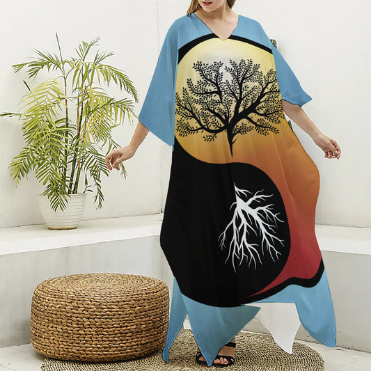 Yin Yang Tree Of Life Print Silk V-Neck Kaftan Dress