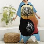 Yin Yang Tree Of Life Print Silk V-Neck Kaftan Dress