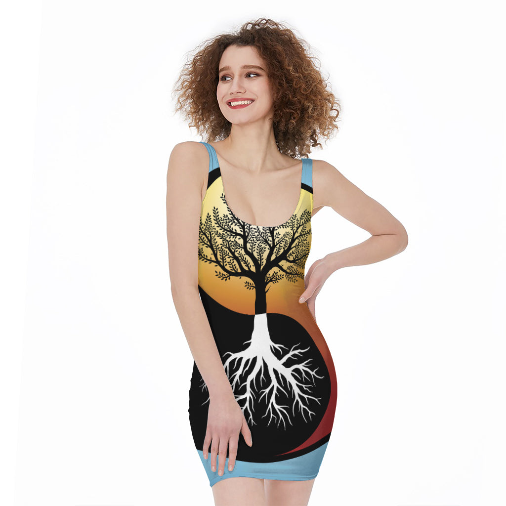 Yin Yang Tree Of Life Print Sleeveless Bodycon Dress