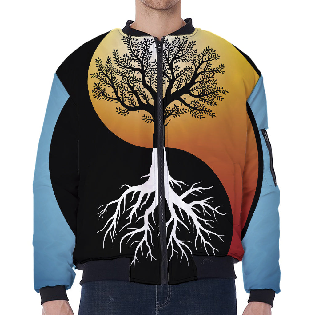 Yin Yang Tree Of Life Print Zip Sleeve Bomber Jacket