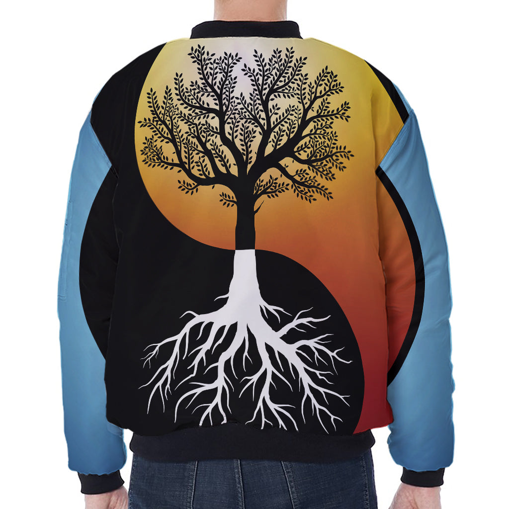Yin Yang Tree Of Life Print Zip Sleeve Bomber Jacket